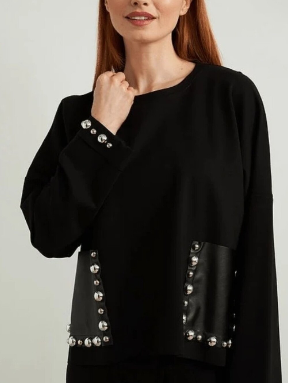 Joseph Ribkoff Black Studded Faux Leather Pocket Oversized Tunic Plus 20